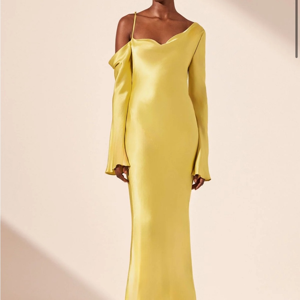 Shona Joy Yellow Maxi Dress with Asymmetrical Neckline and Long Sleeves
